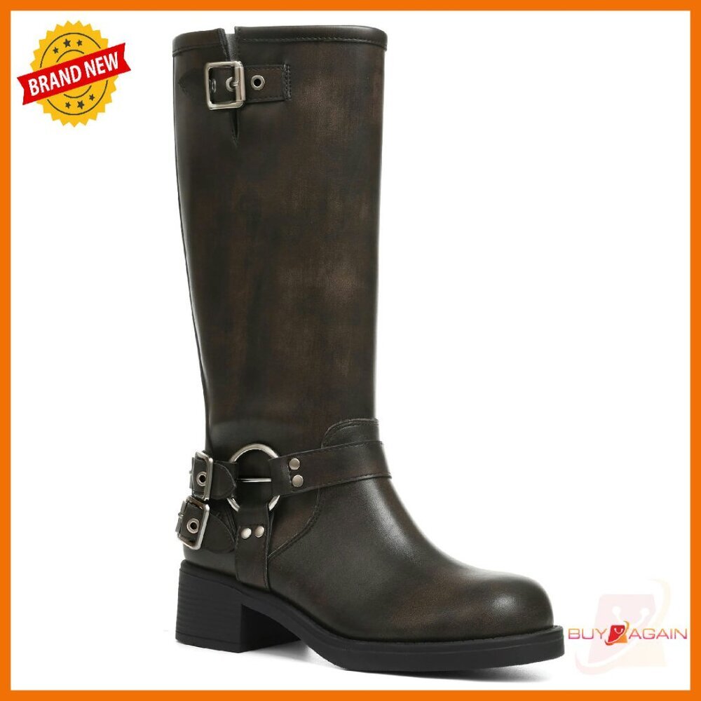 Knee High Riding Boots Square Toe Wide Calf Chunky Heel Buckle Details